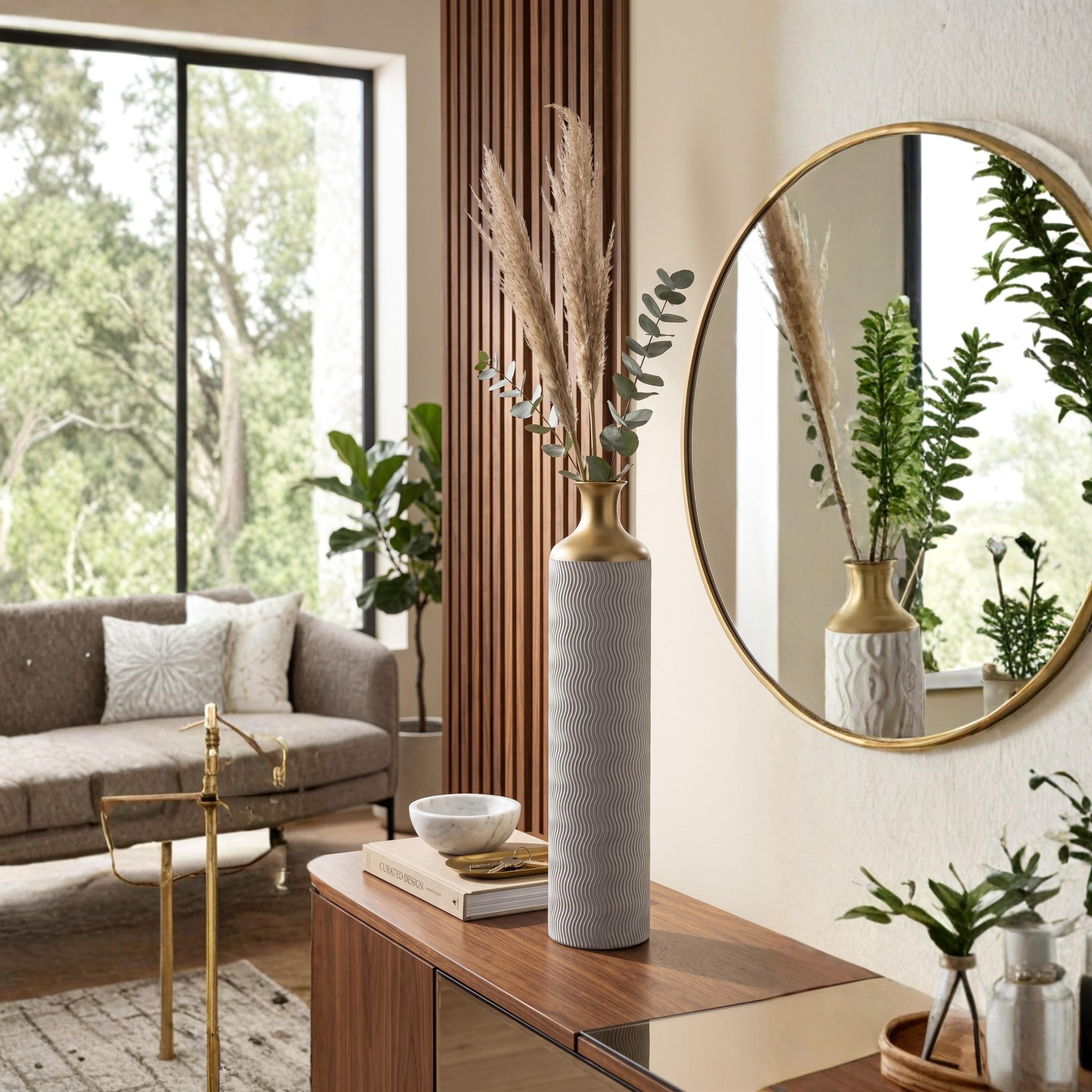 Jarrón Decorativo Metálico de Piso con Cuello Dorado (90 cm)