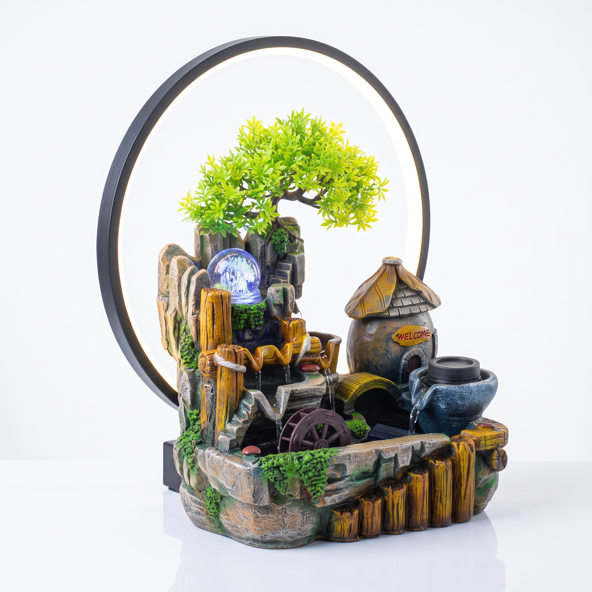 Fuente de Agua Decorativa "Paisaje Zen" con Aro LED, Bonsái y Rueda Giratoria