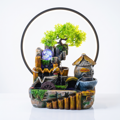 Fuente de Agua Decorativa "Paisaje Zen" con Aro LED, Bonsái y Rueda Giratoria
