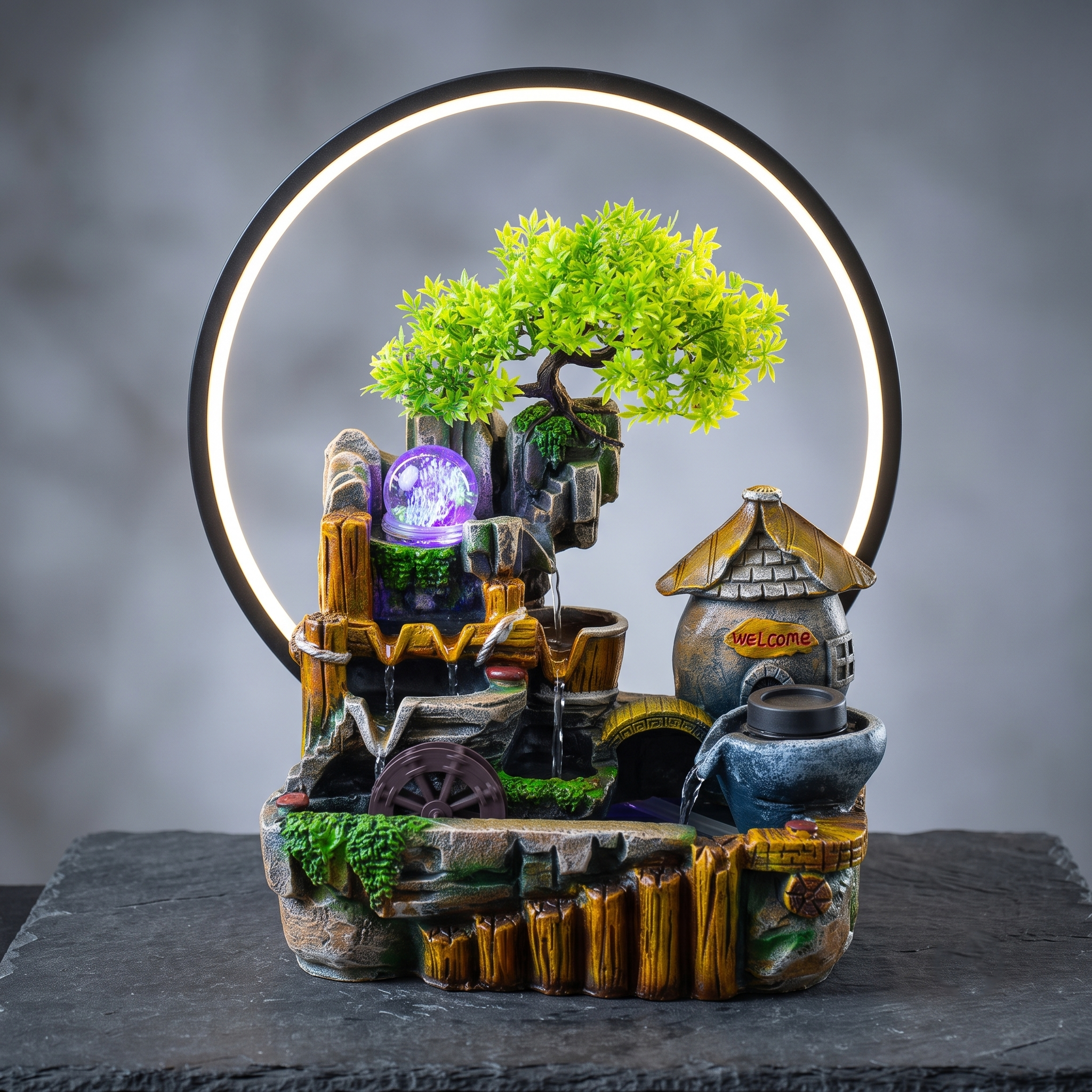Fuente de Agua Decorativa "Paisaje Zen" con Aro LED, Bonsái y Rueda Giratoria