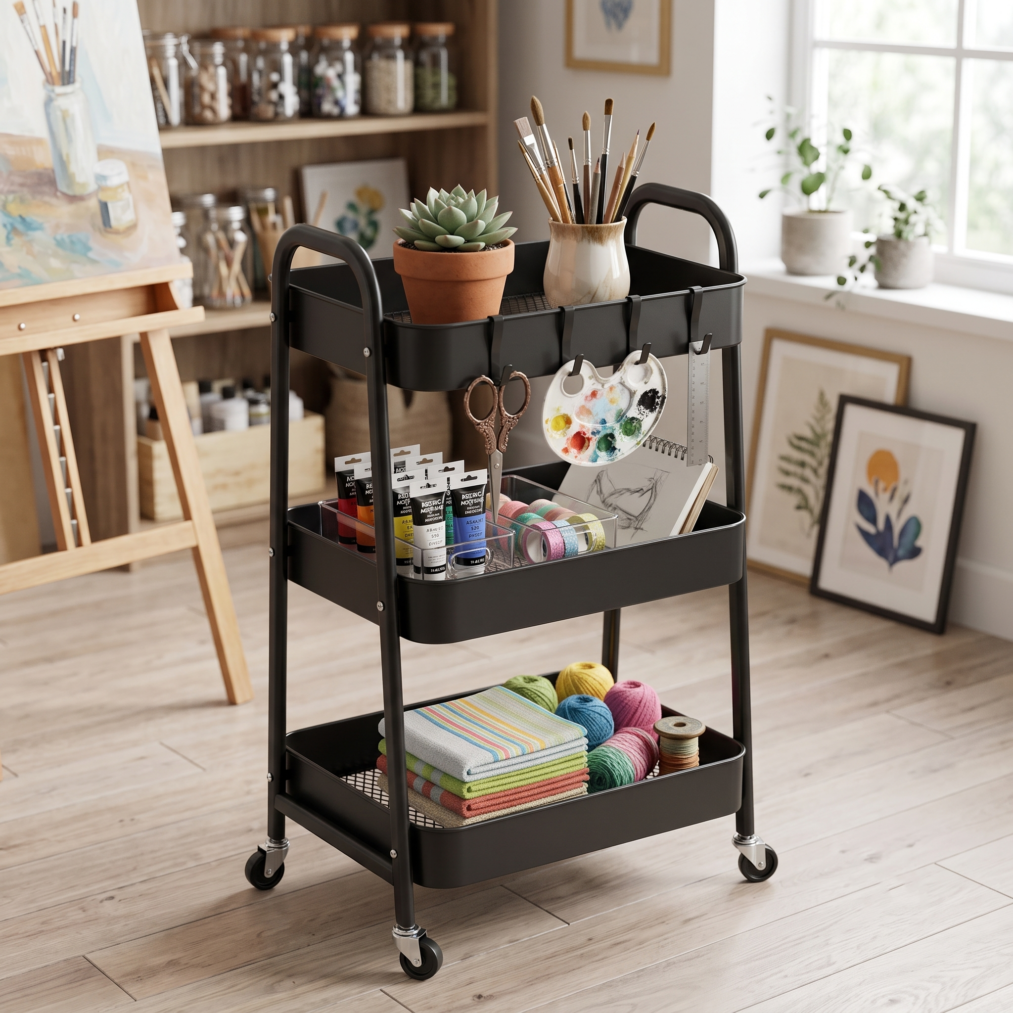 Carrito Organizador Multiusos Metálico de 3 Niveles (Negro)