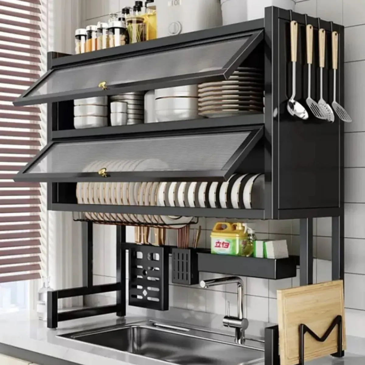 Organizador y Escurridor de Platos con Tapa Doble en Acero Inoxidable