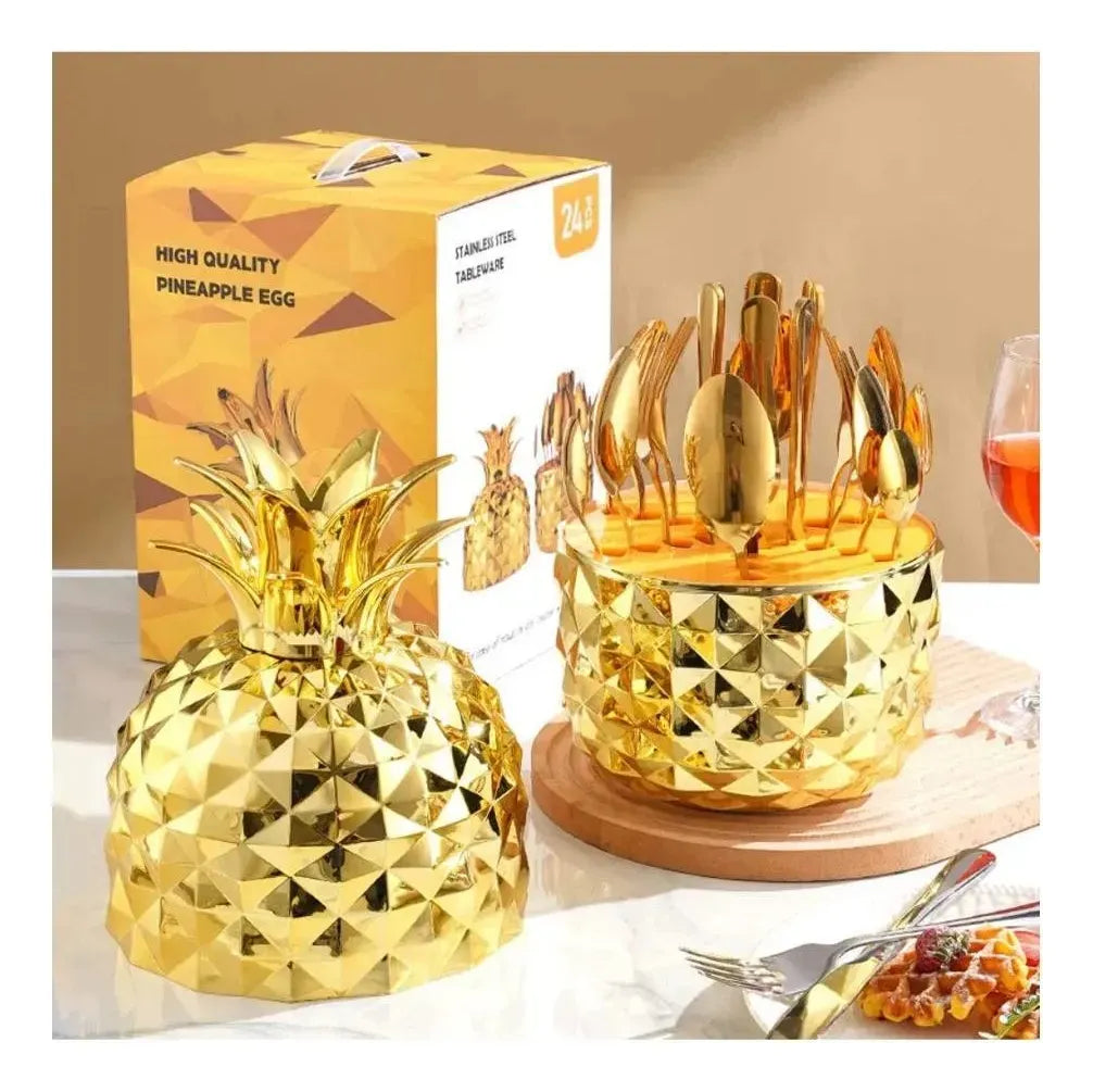 Juego de Cubiertos de Acero - 24 Piezas en Estuche de Piña Dorada