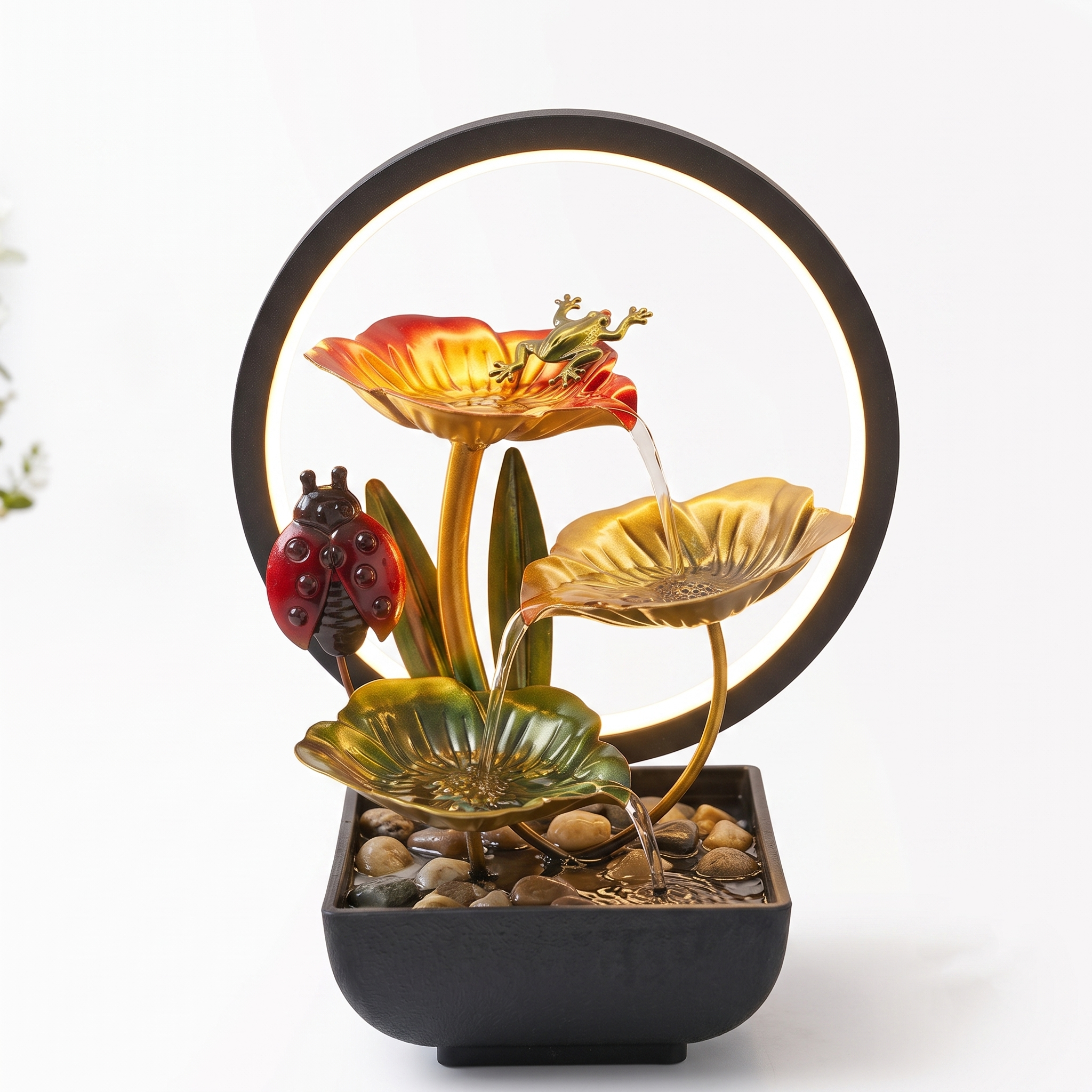 Fuente de Agua Zen de Mesa con Luz LED y Cascada de Loto