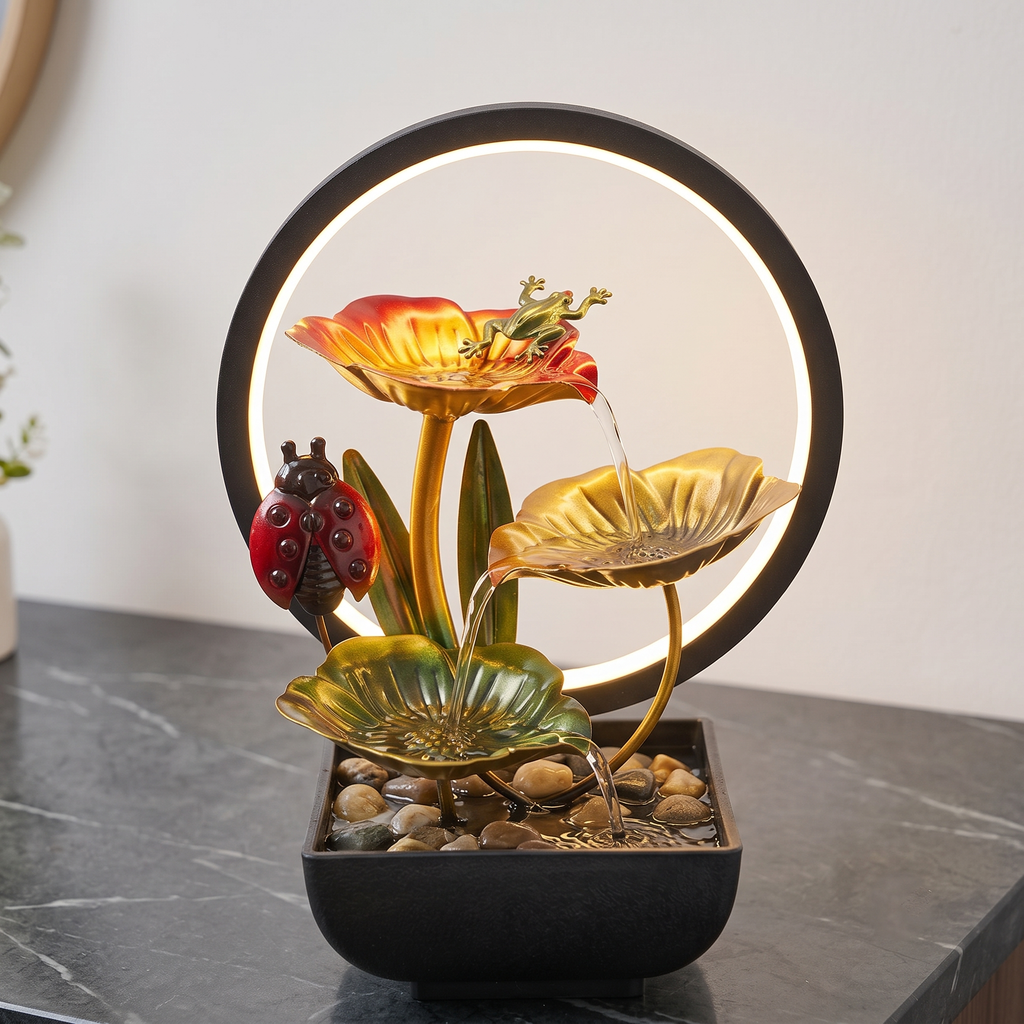 Fuente de Agua Zen de Mesa con Luz LED y Cascada de Loto