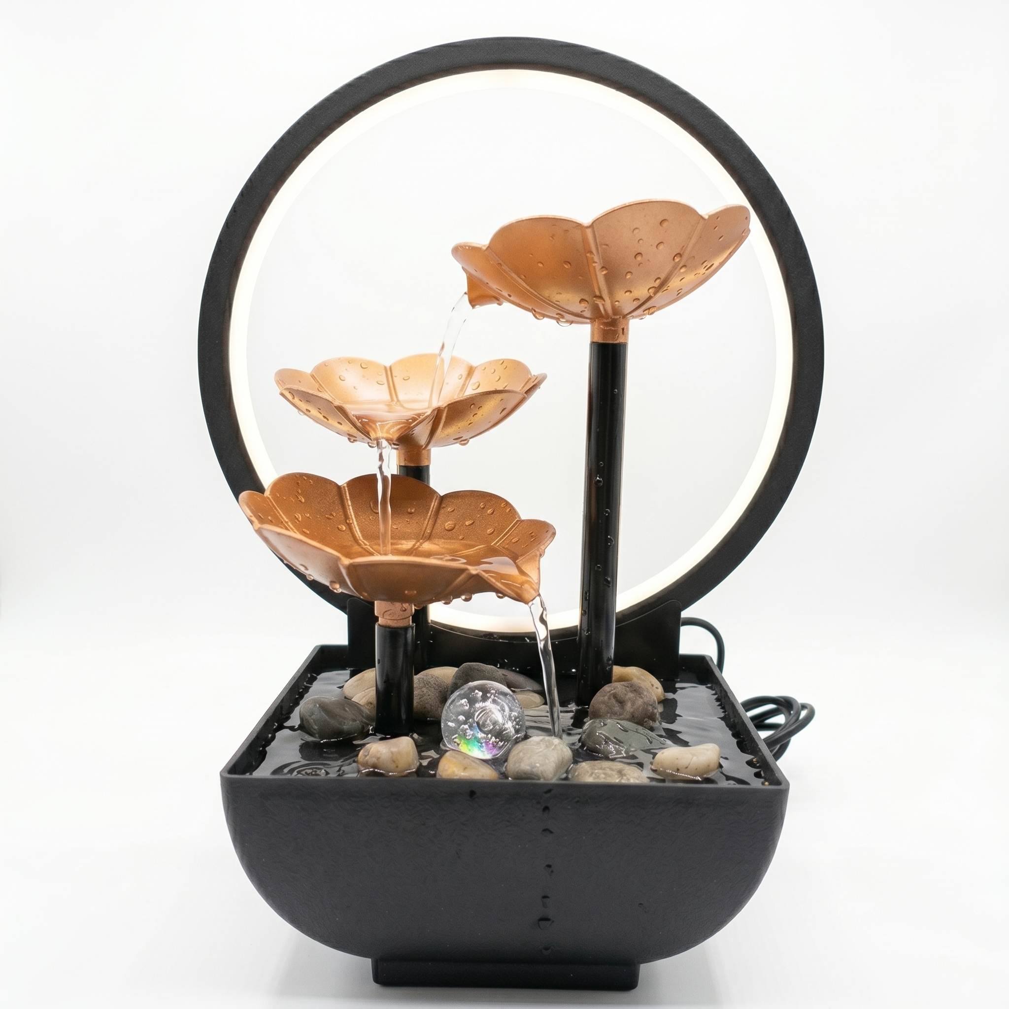 Fuente de Agua Zen de Mesa con Luz LED y Cascada de Loto