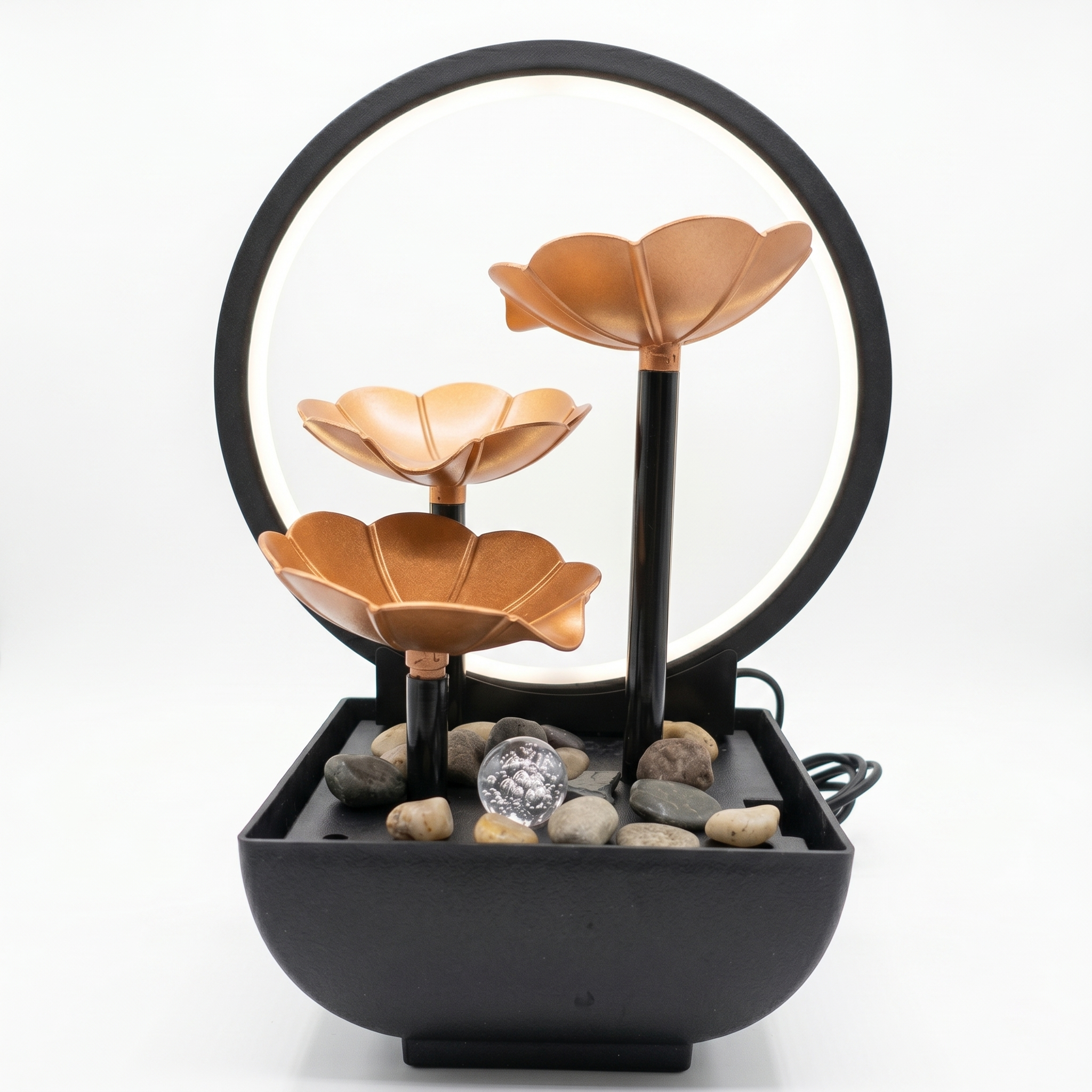 Fuente de Agua Zen de Mesa con Luz LED y Cascada de Loto