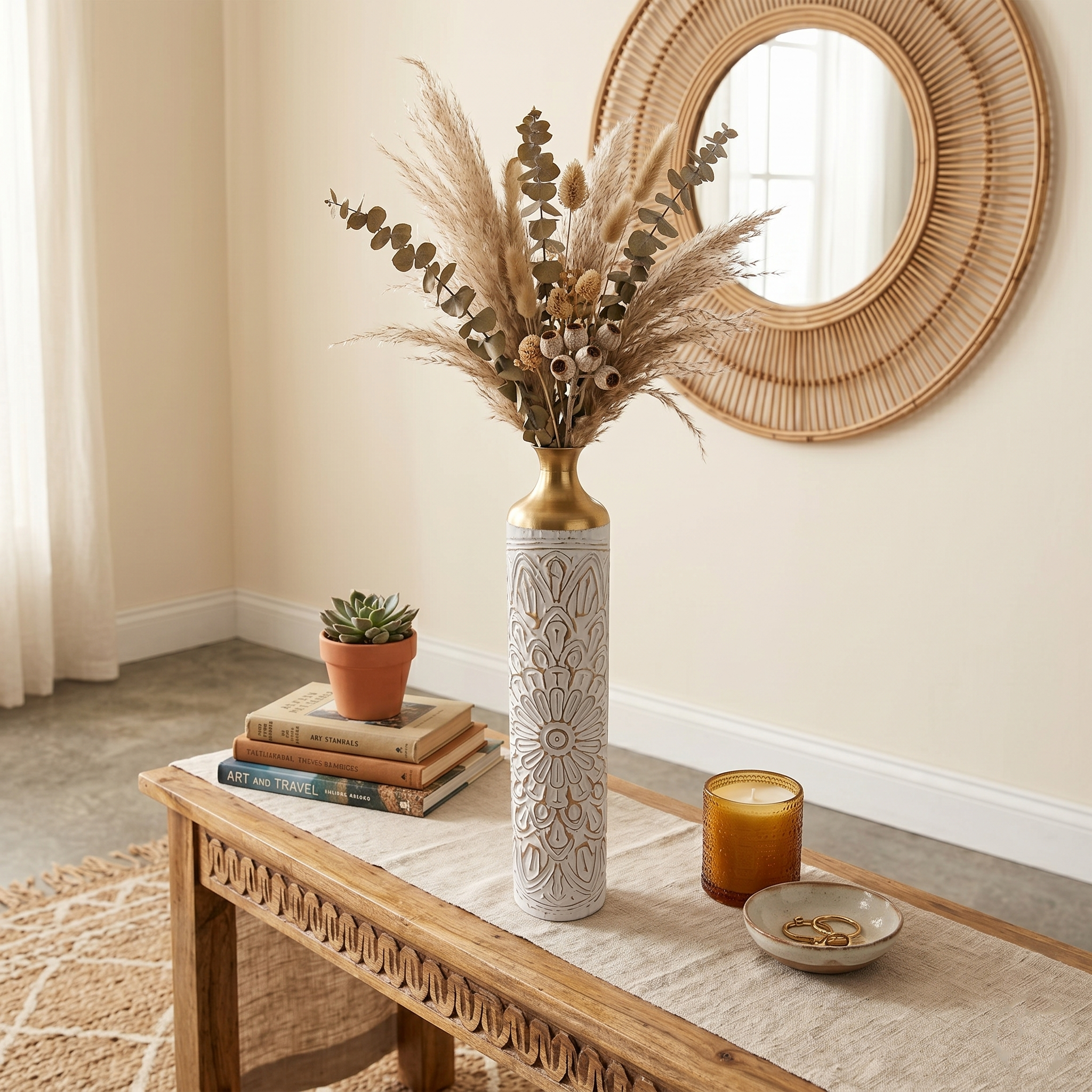 Jarrón Decorativo Metálico de Piso - Relieve Mandala Blanco y Dorado