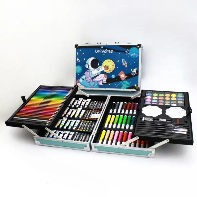 Estuche Set de Arte Escolar en Aluminio para Niño Colores y Marcadores 145p