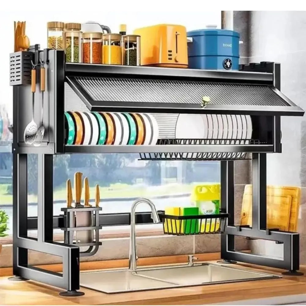 Organizador y Escurridor de Platos con Tapa en Acero Inoxidable