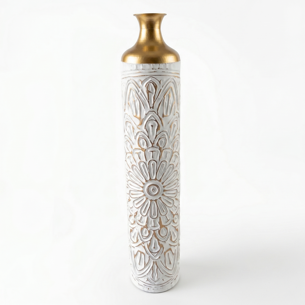 Jarrón Decorativo Metálico de Piso - Relieve Mandala Blanco y Dorado