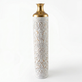 Jarrón Decorativo Metálico de Piso - Relieve Mandala Blanco y Dorado