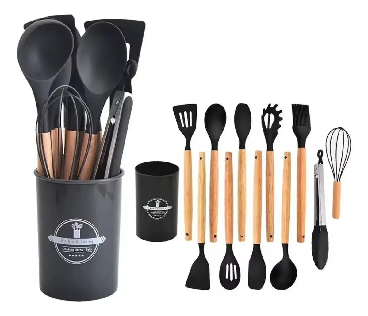 Set de Utensilios de Cocina en Silicona y Madera - 12 Piezas