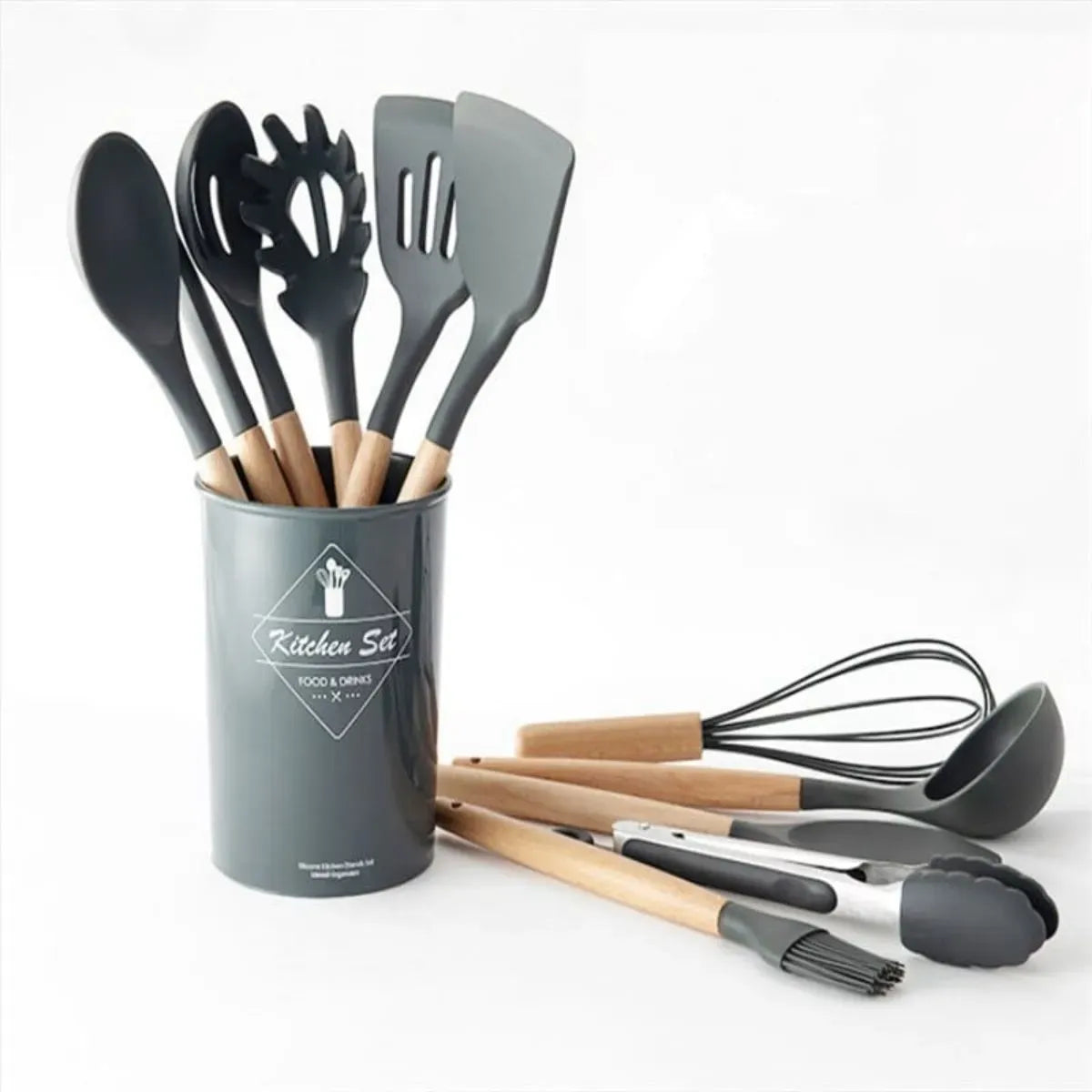 Set de Utensilios de Cocina en Silicona y Madera - 12 Piezas
