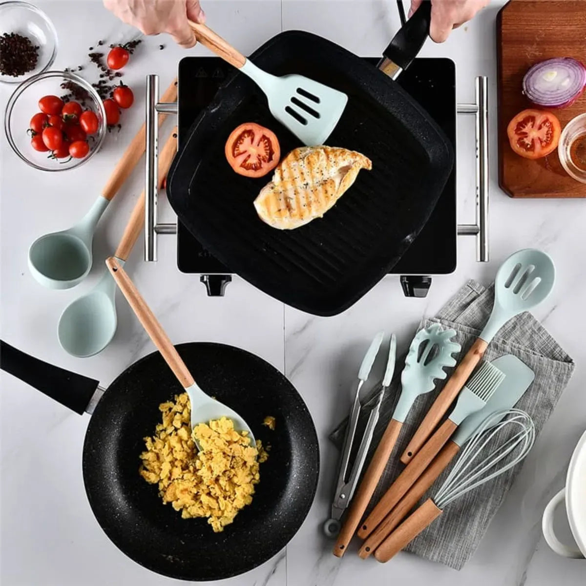 Set de Utensilios de Cocina en Silicona y Madera - 12 Piezas